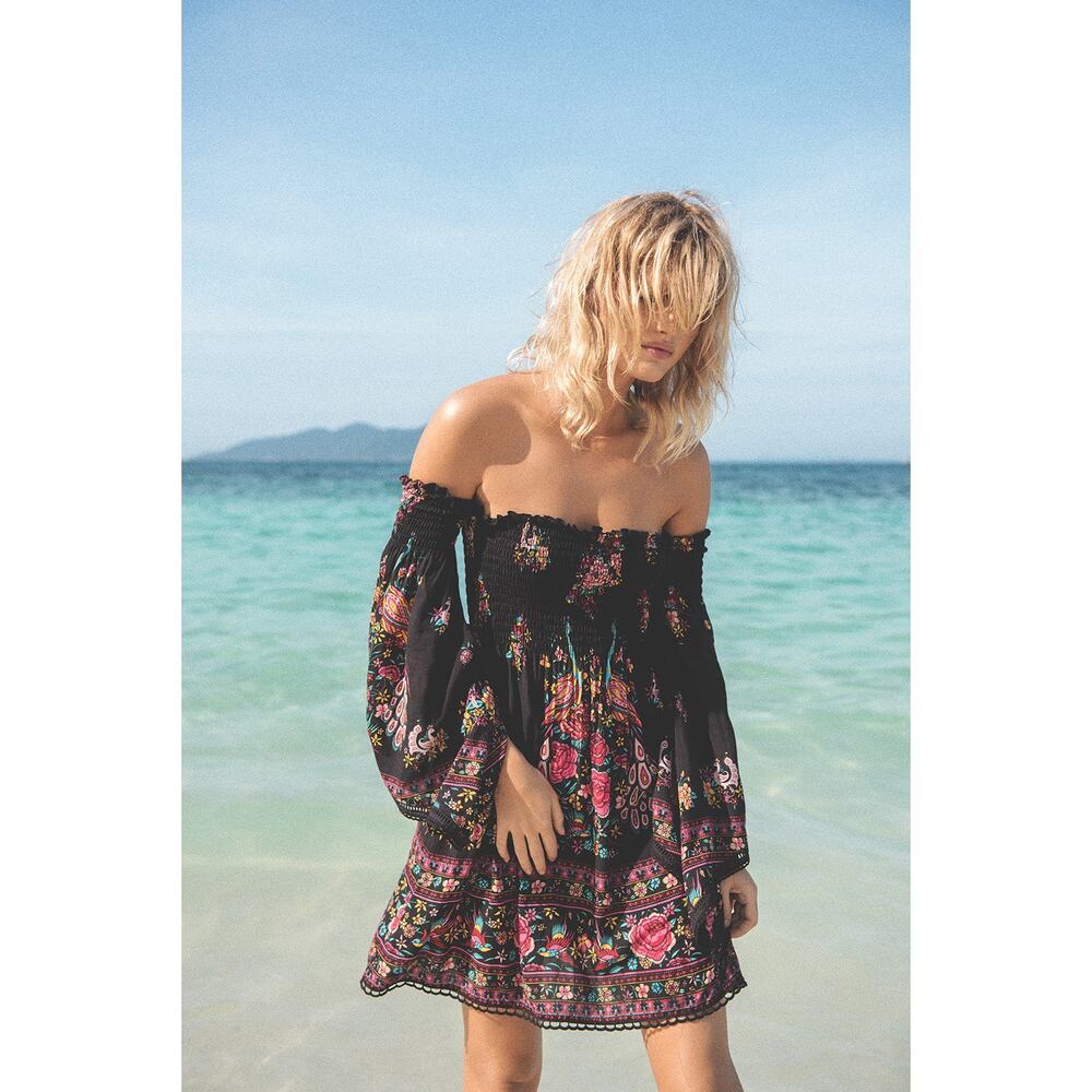 SPELL Hotel Paradiso Bell Sleeve Mini Dress in Jet RARE Size Small